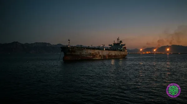 A single rust-streaked supertanker at anchor in an empty Strait of Hormuz at blue hour, engines cold, with the orange glow of a distant oil terminal smudging the horizon, photojournalism style with available light.