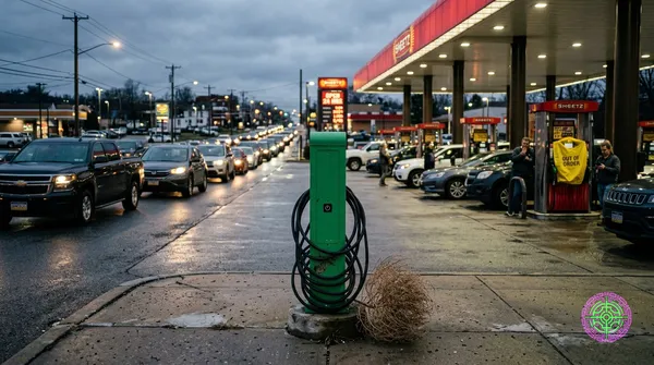 An unused green EV charging station with a tumbleweed at its base sits on a wet sidewalk while a long line of cars queues for gas at a busy station behind it at dusk in a gritty documentary photography style