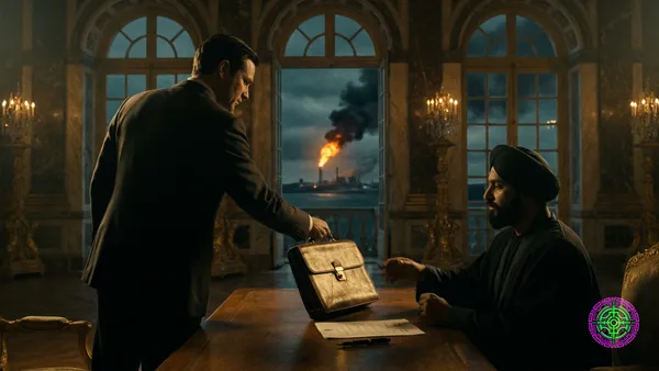 A Western diplomat in a dark suit slides an ornate case across a mahogany table toward a seated Iranian official inside a gilded hall at the Palace of Versailles, as a Persian Gulf oil terminal burns through the tall arched windows behind them