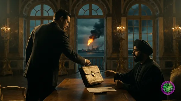 A Western diplomat in a dark suit slides an ornate case across a mahogany table toward a seated Iranian official inside a gilded hall at the Palace of Versailles, as a Persian Gulf oil terminal burns through the tall arched windows behind them