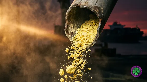 Cinematic close-up of industrial sulfuric acid tanks with warning labels, surrounded by smoke and dramatic amber lighting, ultra-wide 16:9 composition