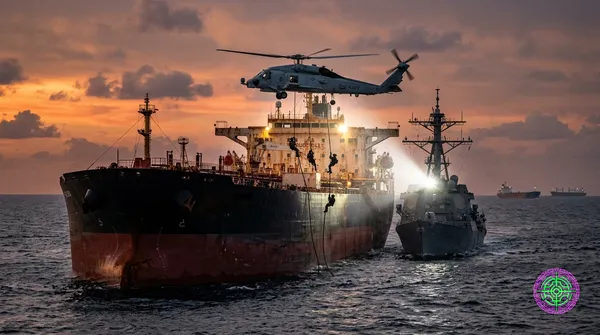 A massive crude oil supertanker dead in the water at dusk in the Indian Ocean, illuminated by the spotlight of a US Navy destroyer alongside it, a helicopter hovering above with an armed boarding party rappelling down, distant horizon showing silhouettes of three other tankers continuing their voyage unbothered, photojournalistic war photography style with available light
