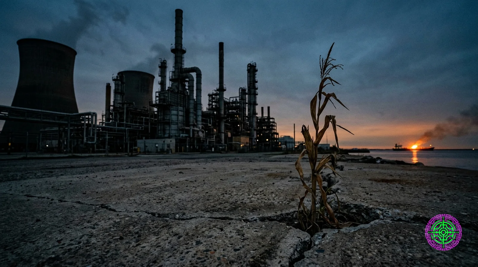 A massive darkened oil refinery at twilight with all lights off and cooling towers cold, a single withered corn stalk growing through a crack in the concrete foreground, distant orange glow of a burning tanker on the horizon, photojournalistic documentary style with natural available light