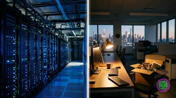 A split-screen photojournalistic still — left half a humming hyperscale data center hall lit blue, right half an empty open-plan office at dusk with a single desk lamp and a half-packed cardboard box, harsh editorial lighting, shot on 35mm, no text, no people