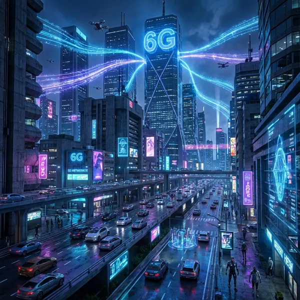 A futuristic city skyline with visible data streams representing 6G connectivity.