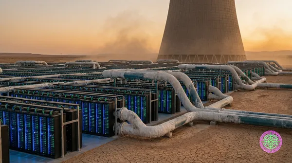 A cinematic, photorealistic, wide-angle shot of a massive AI data center in a dry desert. Glowing server racks. Calcified liquid cooling tubes. Massive dry cooling tower in background.