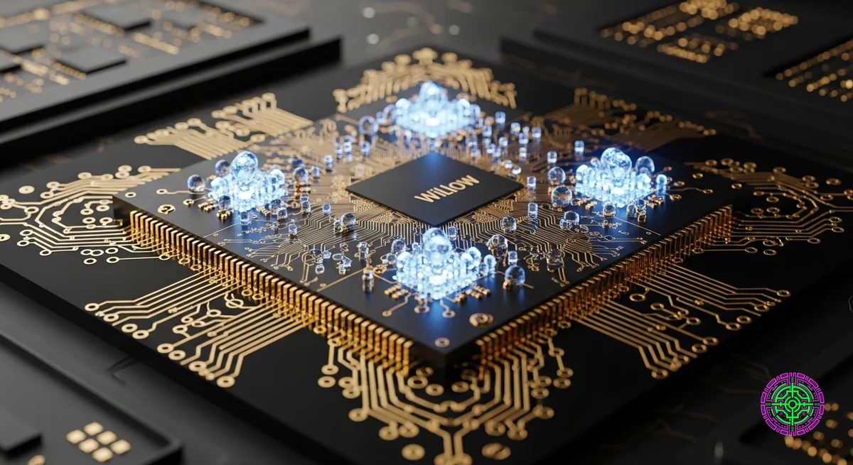 光る量子ビットを備えたGoogleのWillow量子プロセッサチップの詳細なレンダリング。