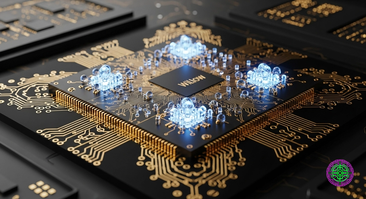A detailed render of Google's Willow quantum processor chip with glowing qubits.
