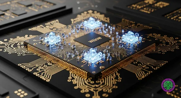 Ein detailliertes Rendering von Googles Willow Quantenprozessor-Chip mit leuchtenden Qubits.