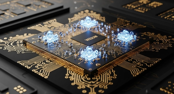 A detailed render of Google's Willow quantum processor chip with glowing qubits.