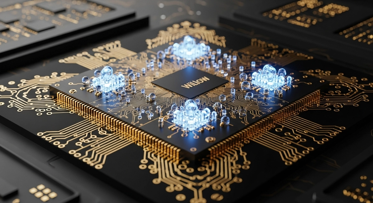 Un rendu détaillé de la puce de processeur quantique Willow de Google avec des qubits lumineux.