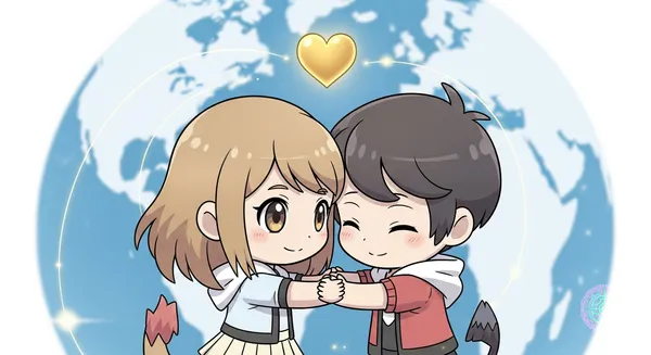 Eine niedliche, herzerwärmende Illustration im Pokémon GO-Art-Stil. Zwei Avatare im Chibi-Stil umarmen sich mit einem goldenen Herzen über ihnen. Der Hintergrund zeigt einen stilisierten Globus, der sie verbindet. Sanfte Pastellfarben, Anime-Stil, hohe Qualität, 16:9-Seitenverhältnis.