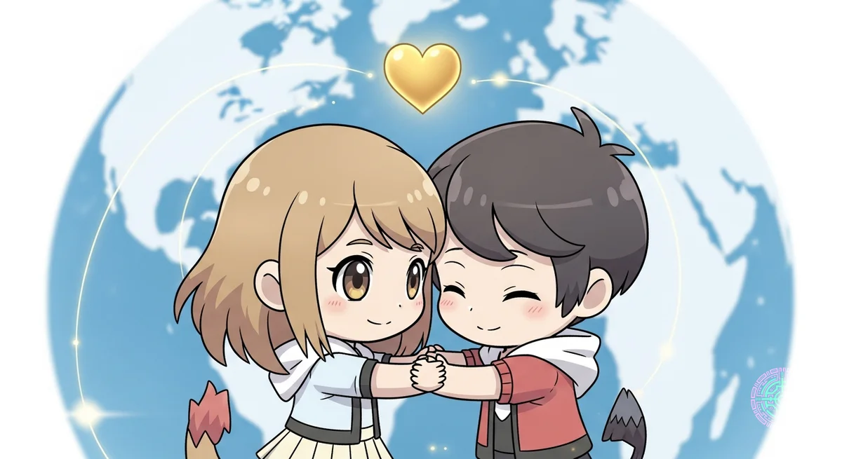Une illustration mignonne et réconfortante dans le style artistique de Pokémon GO. Deux avatars de style chibi s'embrassant avec un cœur doré au-dessus d'eux. L'arrière-plan montre un globe stylisé les reliant. Couleurs pastel douces, style anime, haute qualité, format d'image 16:9.