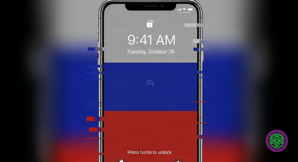 Una ilustración digital de una pantalla de iPhone bloqueada con un fondo de la bandera rusa, efecto de falla, tema de seguridad cibernética, modo oscuro, acentos de neón rojo y azul