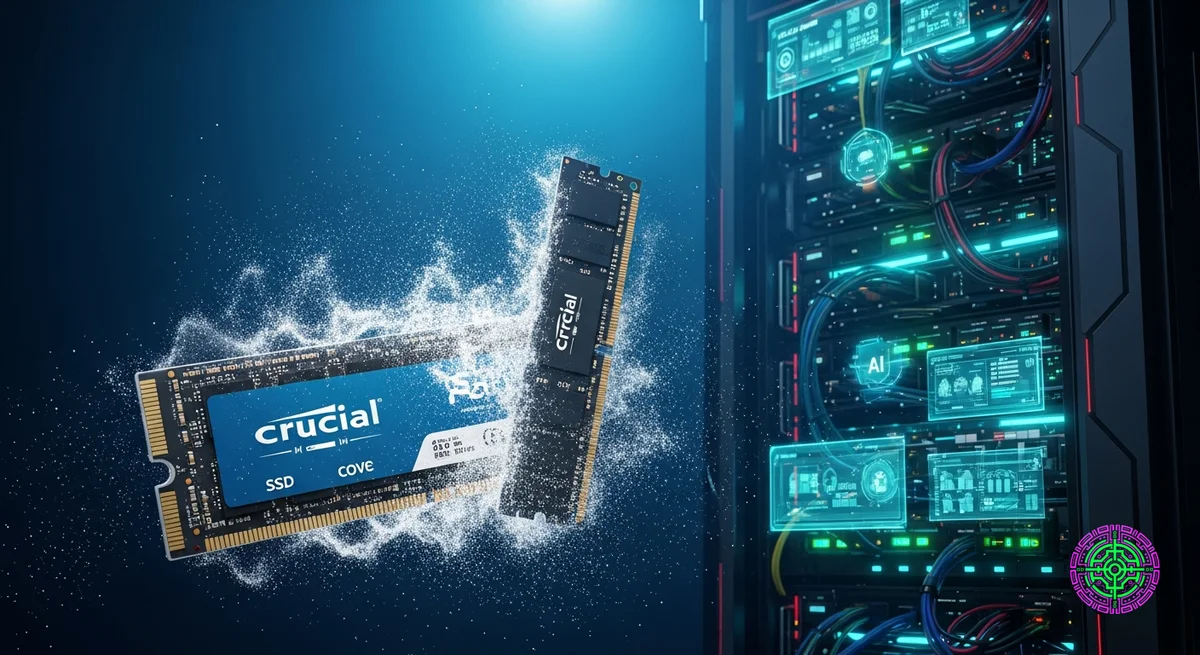 디지털 먼지로 사라지는 Crucial 브랜드 SSD 및 RAM 스틱의 극적인 3D 렌더링, 배경에는 빛나는 미래 지향적인 AI 서버 랙이 떠오릅니다.