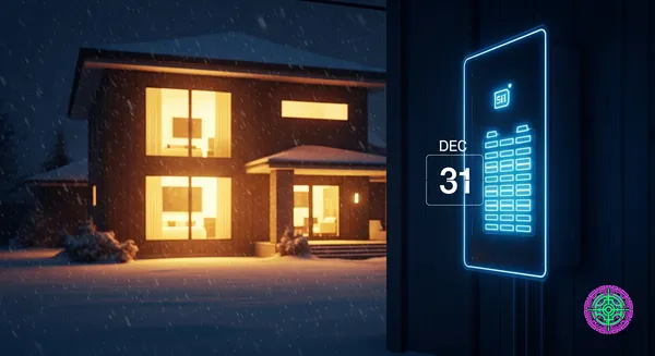 A dramatic cinematic shot of a modern suburban home at night during a winter storm, with a warm golden glow from the windows contrasting against the dark snowy exterior. In the foreground, a sleek wall-mounted glass-fronted home battery unit is glowing with neon blue status indicators. A digital countdown timer or calendar overlay showing 'DEC 31' is subtly reflected in the unit's glass. High contrast, photorealistic, 16:9, sharp focus, 8k.