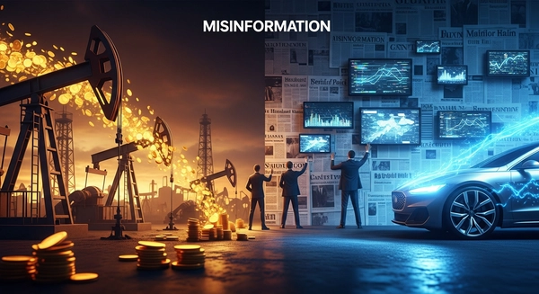 Illustration of the conflict between the oil industry and electric vehicles, with shadowy figures building a wall of misinformation.