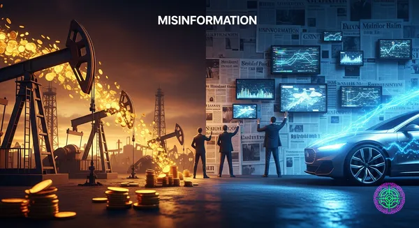 Illustration of the conflict between the oil industry and electric vehicles, with shadowy figures building a wall of misinformation.