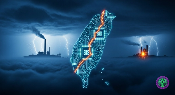 Dramatic visualization of Taiwan's semiconductor vulnerability with circuit patterns and earthquake fault lines