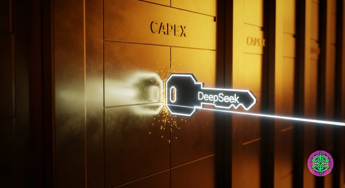 Une prise de vue cinématographique hyperréaliste et futuriste d'une immense chambre forte de centre de données plaquée or avec 'CAPEX' gravé dessus, contournée par une élégante clé numérique en néon brillant étiquetée 'DeepSeek' qui traverse le mur en or massif avec une énergie laser de précision.