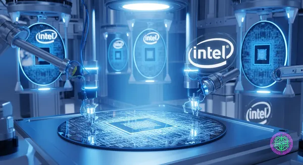 A high-tech visualization of an Apple M-series chip being manufactured in an Intel foundry