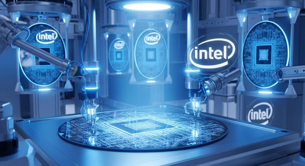 A high-tech visualization of an Apple M-series chip being manufactured in an Intel foundry