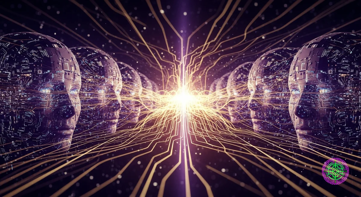 Digital android faces merging into a single glowing network, representing the AI Hivemind.