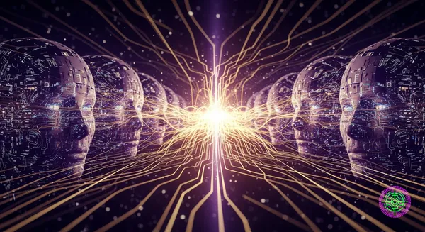 Digital android faces merging into a single glowing network, representing the AI Hivemind.