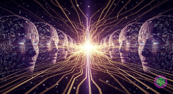 Digital android faces merging into a single glowing network, representing the AI Hivemind.