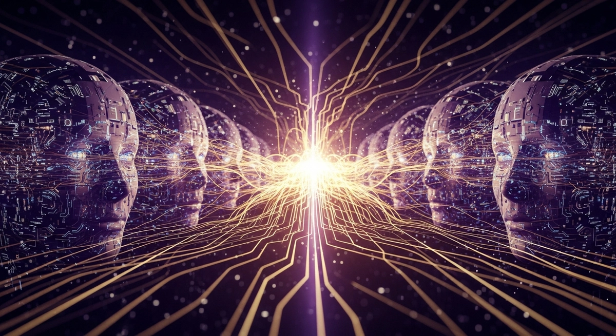 Digital android faces merging into a single glowing network, representing the AI Hivemind.