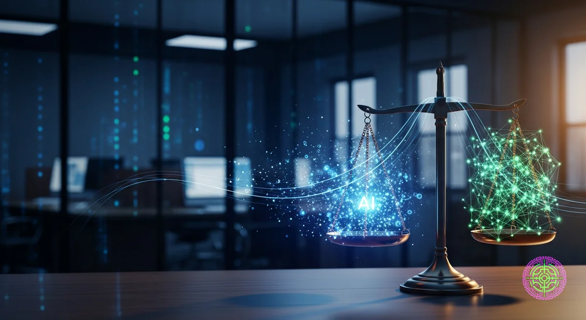 Abstrakte Visualisierung von Legal Technology und künstlicher Intelligenz, Hintergrund eines Anwaltsbüros mit digitalen Datenüberlagerungen, Waagen der Gerechtigkeit verschmelzen mit neuronalen Netzknoten