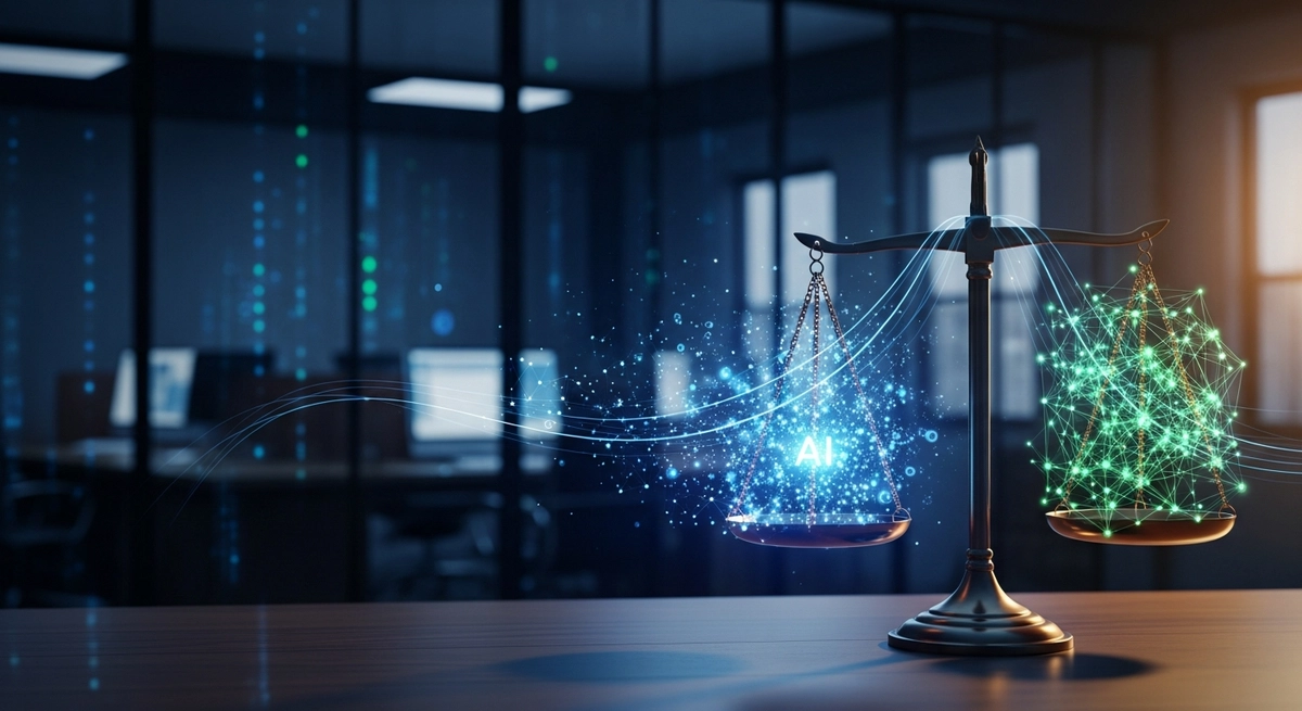 Abstract visualization of legal technology and artificial intelligence, law firm office background with digital data overlays, scales of justice merging with neural network nodes