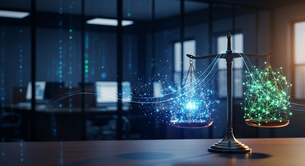 Abstract visualization of legal technology and artificial intelligence, law firm office background with digital data overlays, scales of justice merging with neural network nodes