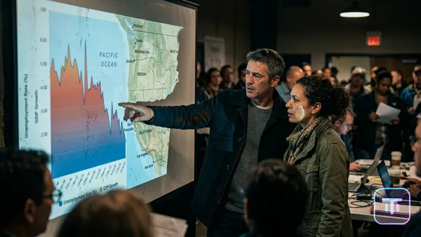 Graph showing economic downturn overlaid on West Coast map