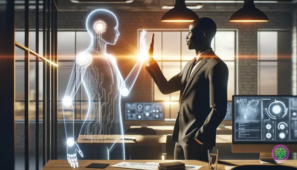 A conceptual illustration of a human worker conducting a symphony of digital AI agents.