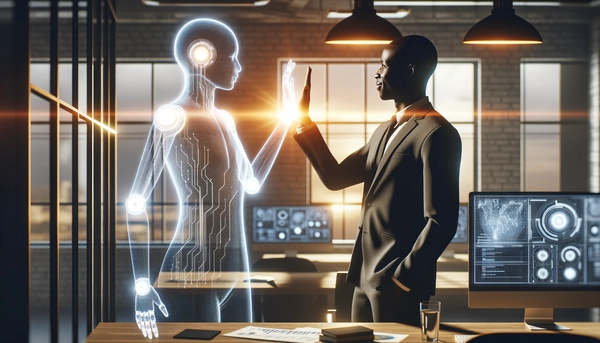 A conceptual illustration of a human worker conducting a symphony of digital AI agents.