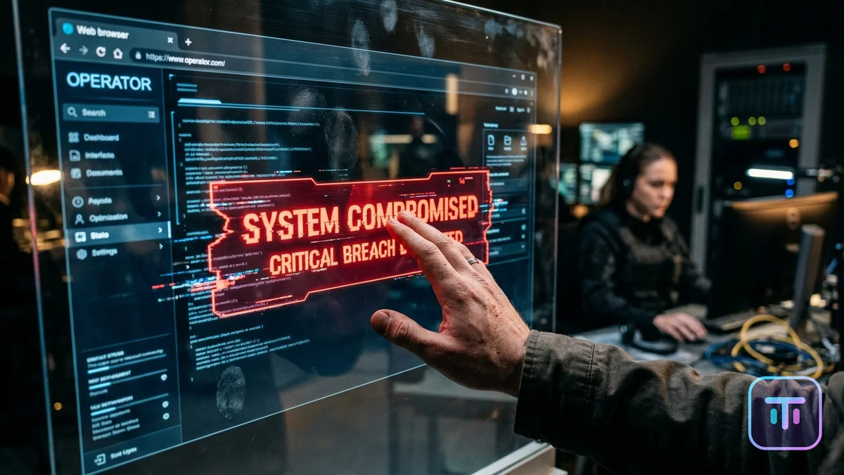 Una interfaz futurista de panel de vidrio que muestra un navegador web 'Operador' con una advertencia roja con fallas de 'SISTEMA COMPROMETIDO'.