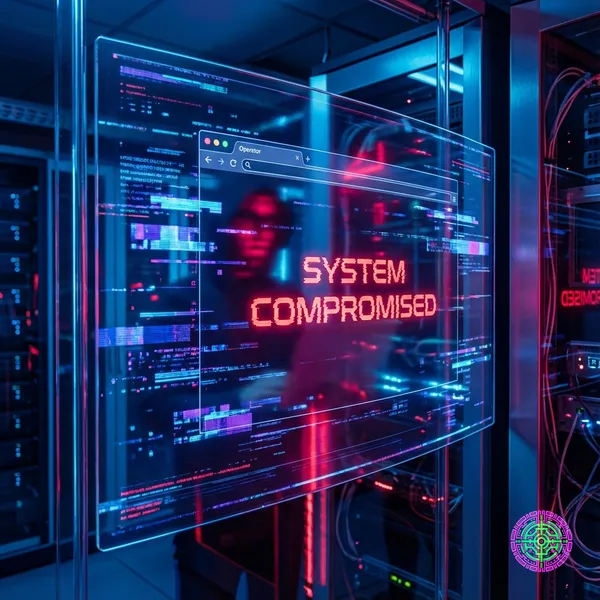 A futuristic glass-panel interface showing a web browser 'Operator' with a glitched red 'SYSTEM COMPROMISED' warning.