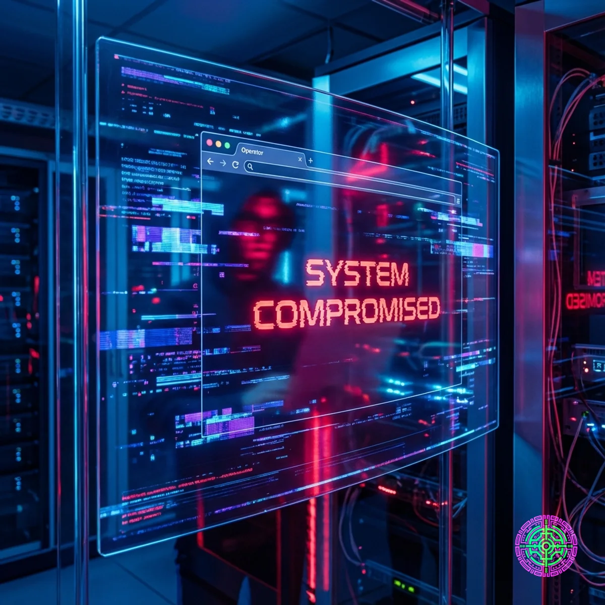 Uma interface futurista de painel de vidro mostrando um navegador da web 'Operador' com um aviso vermelho com falhas de 'SISTEMA COMPROMETIDO'.