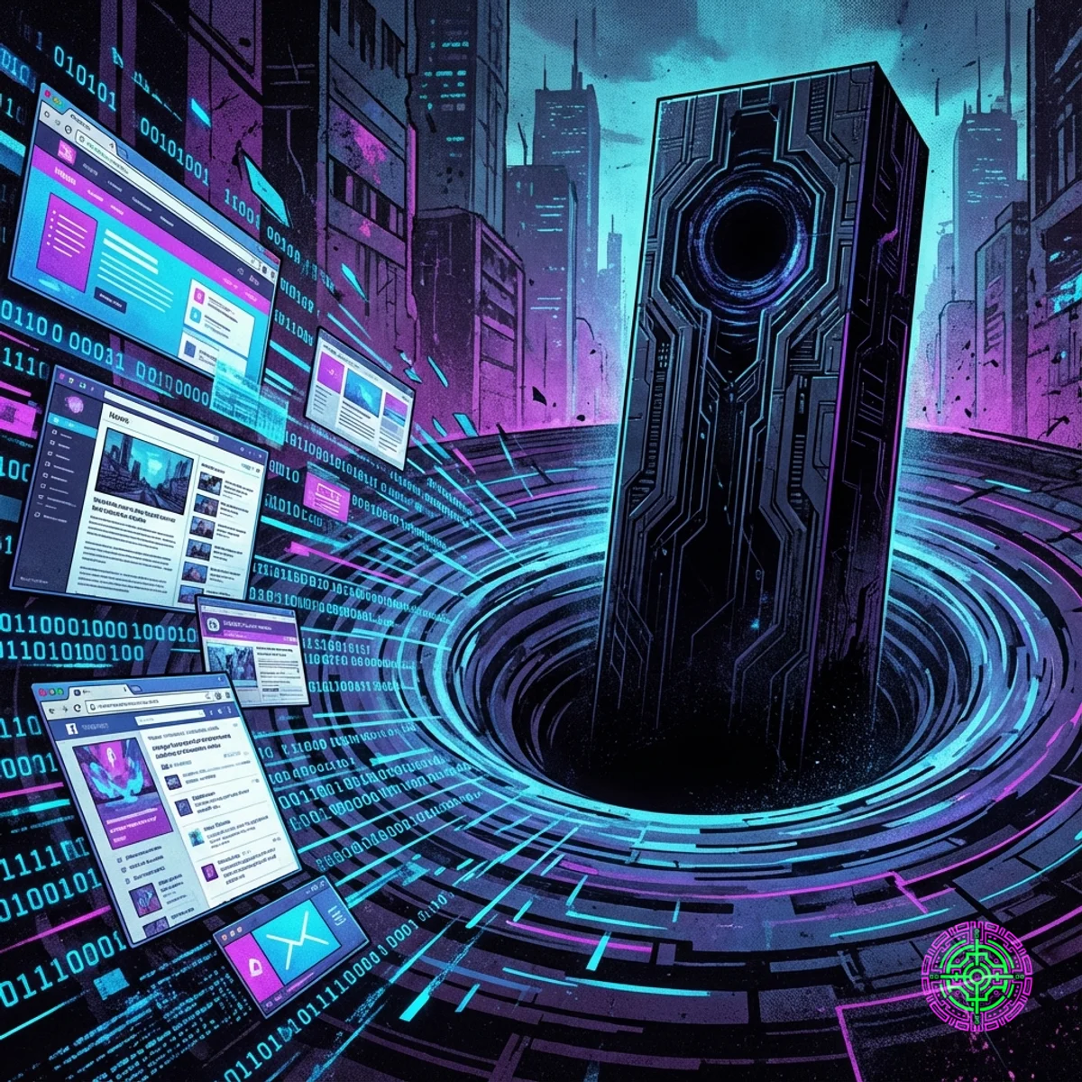 Illustration conceptuelle de sites web se désintégrant en code binaire et se déversant dans un serveur d'IA noir monolithique