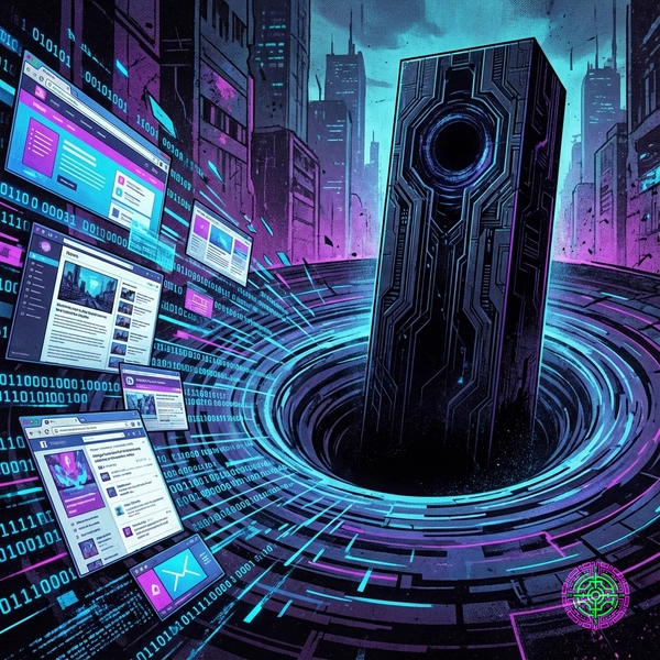 Conceptual illustration of websites disintegrating into binary code and flowing into a monolithic black AI server