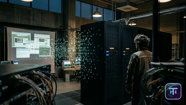 Conceptual illustration of websites disintegrating into binary code and flowing into a monolithic black AI server
