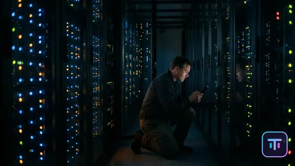 Dark data center corridor with hundreds of glowing blue and amber lights on server racks representing autonomous AI agents watching from the shadows