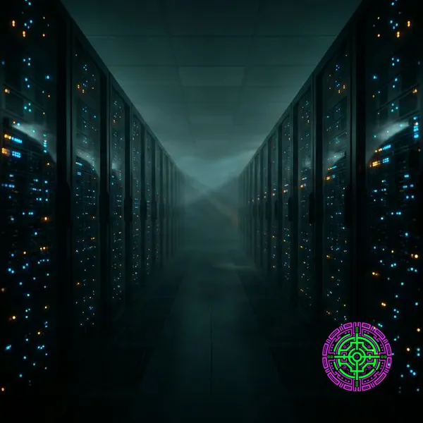 Dark data center corridor with hundreds of glowing blue and amber lights on server racks representing autonomous AI agents watching from the shadows