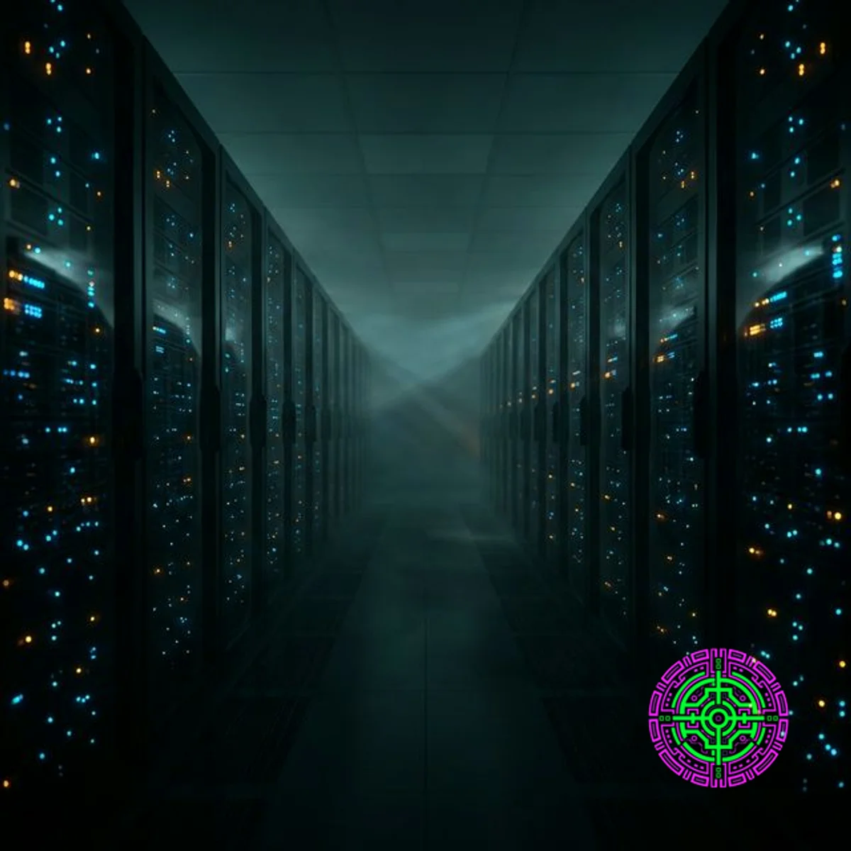 暗いデータセンターの廊下。サーバーラックには何百もの輝く青と琥珀色のライトがあり、影から見ている自律型AIエージェントを表しています