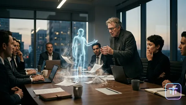 A holographic AI agent at a boardroom table with digital contracts dissolving into dust.