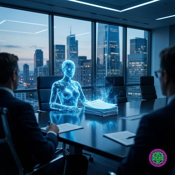 A holographic AI agent at a boardroom table with digital contracts dissolving into dust.