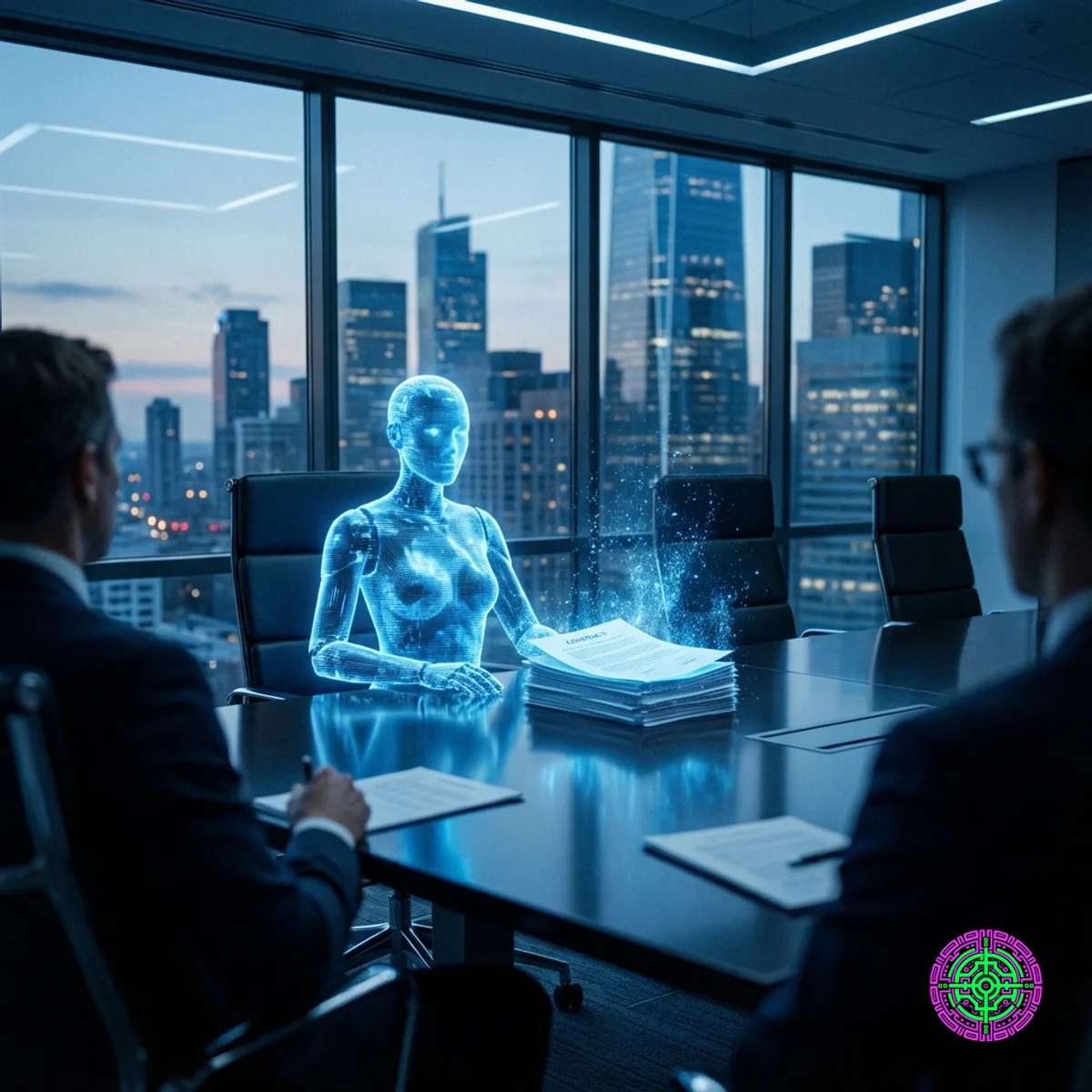 Um agente de IA holográfico em uma mesa de sala de reuniões com contratos digitais se dissolvendo em pó.