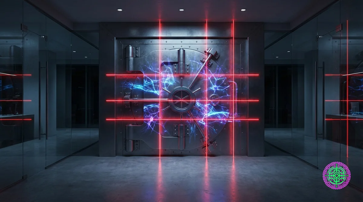 Eine massive Stahltresortür in einer dunklen, modernen Bank, leuchtende neuronale Netzwerklichtmuster, die versuchen, in den Tresor einzudringen, aber von roten Laser-Sicherheitsgittern blockiert werden.