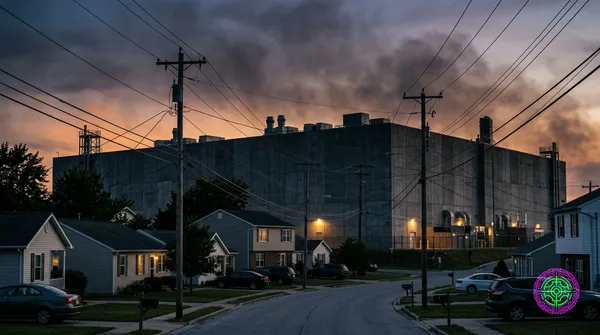 Eine fotojournalistische Szene einer Vorortsiedlung in der Abenddämmerung mit einem riesigen fensterlosen Rechenzentrum, das sich hinter bescheidenen Häusern abzeichnet, Dieselabgashaze, die über den Himmel zieht, dramatische filmische Beleuchtung, 16:9-Ultra-Wide-Komposition